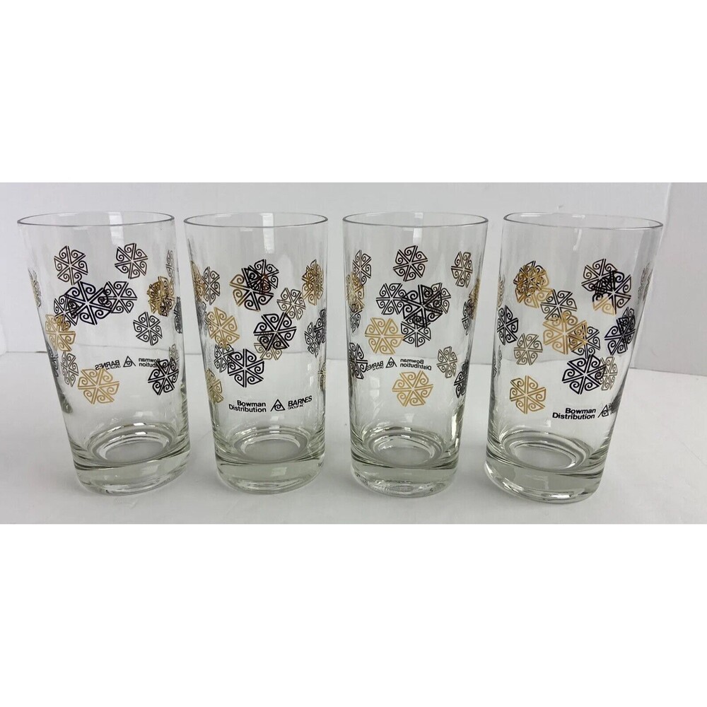 4 MCM Gold Black Abstract  Vintage Advertising Collins Highball Tumbler Glasses